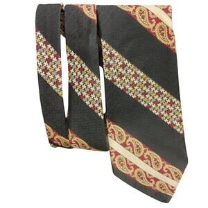 VTG Superba Qiana Nylon Black/Yellow/Red Paisley Geometric Tie